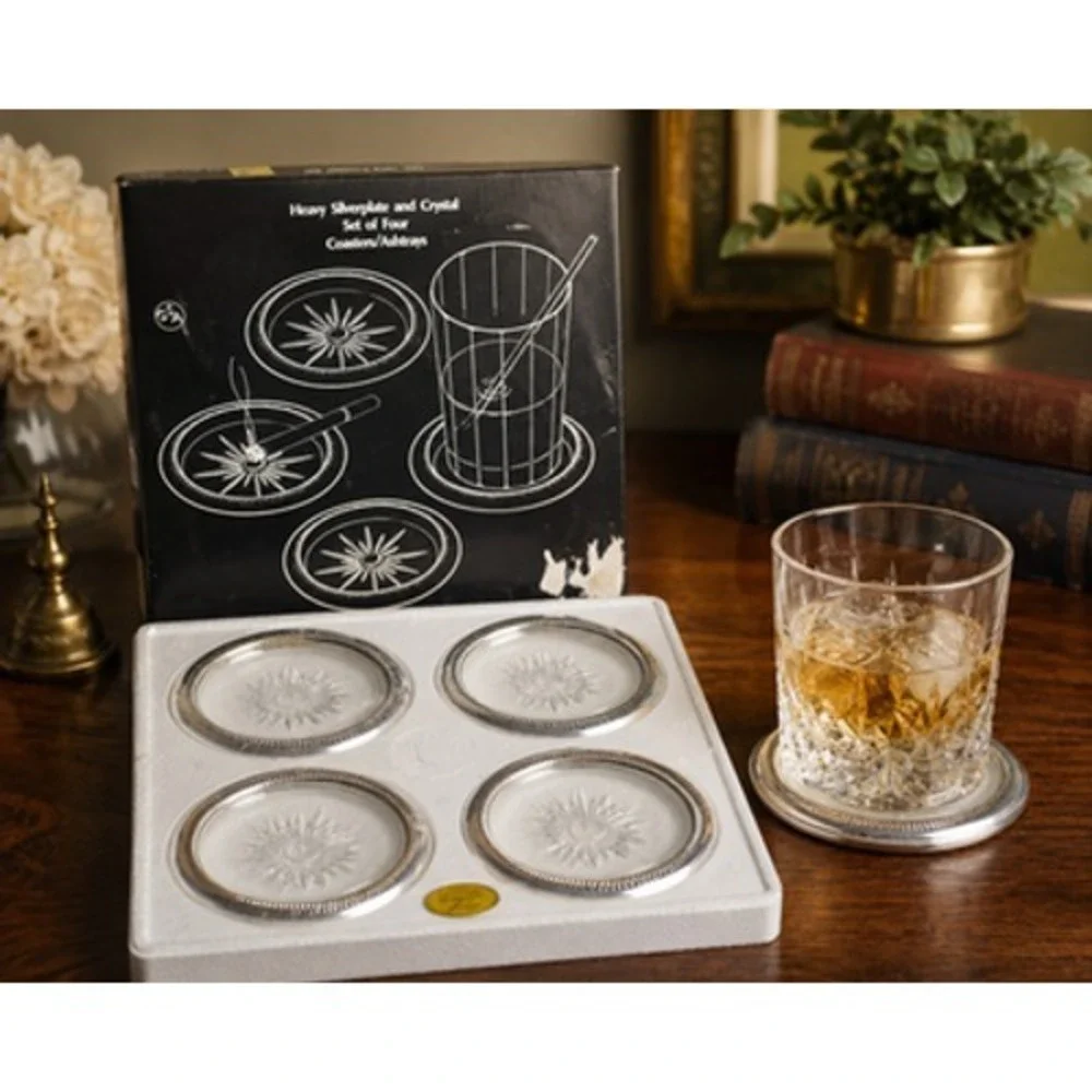 Vintage Leonard Italy Crystal Silver Plate Coaster Set of 4 Godinger No 1578 NOS